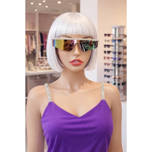 Sunglasses Women Purple Diamond Rimless Futuristic Shield Frameless bling - Picture 2 of 5